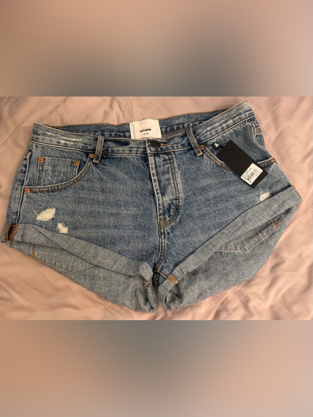 One Teaspoon Hollywood Bandits Blue Denim High-Rise Shorts with Branded Button